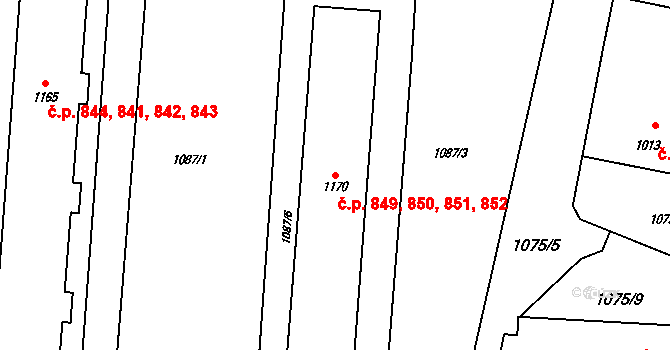 Rožnov pod Radhoštěm 849,850,851,852 na parcele st. 1170 v KÚ Rožnov pod Radhoštěm, Katastrální mapa