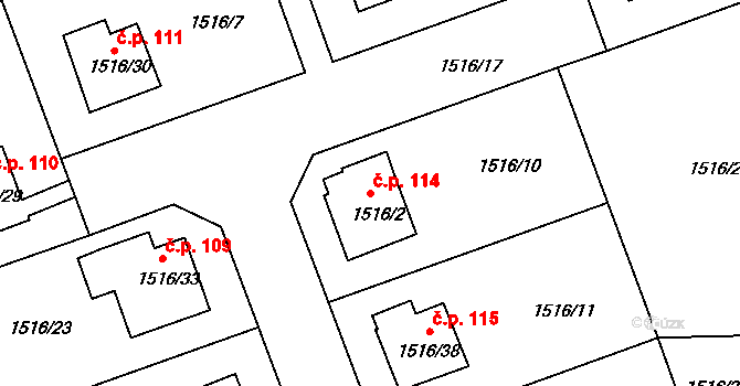 Březnice 114 na parcele st. 1516/2 v KÚ Březnice, Katastrální mapa