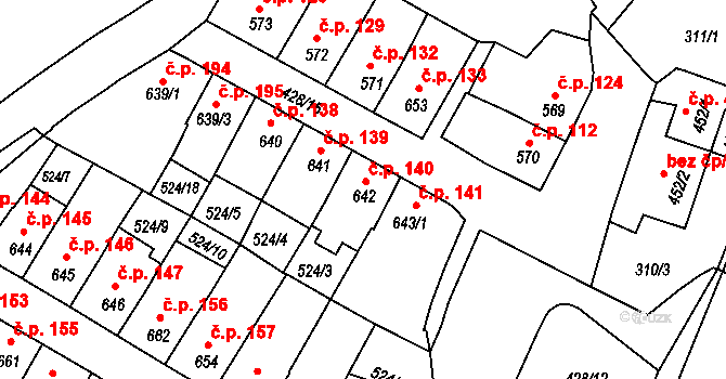 Stařečka 140, Třebíč na parcele st. 642 v KÚ Třebíč, Katastrální mapa