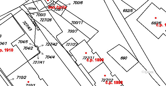 Pelhřimov 1899 na parcele st. 727/13 v KÚ Pelhřimov, Katastrální mapa
