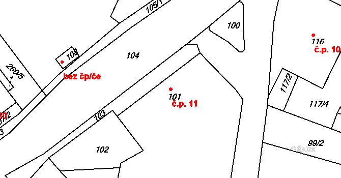 Milonice 11 na parcele st. 101 v KÚ Milonice u Lipůvky, Katastrální mapa