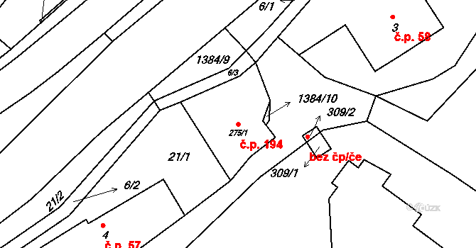 Kvasiny 194 na parcele st. 275/1 v KÚ Kvasiny, Katastrální mapa