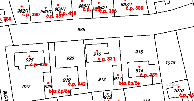 Vinoř 331, Praha na parcele st. 916 v KÚ Vinoř, Katastrální mapa