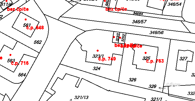 Braník 749, Praha na parcele st. 323/1 v KÚ Braník, Katastrální mapa