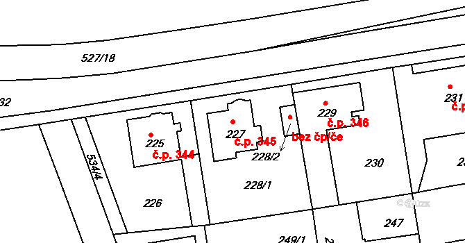 Hrdlořezy 345, Praha na parcele st. 227 v KÚ Hrdlořezy, Katastrální mapa