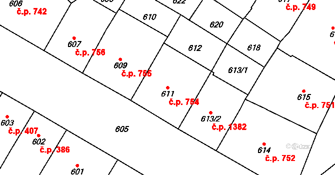 Vršovice 754, Praha na parcele st. 611 v KÚ Vršovice, Katastrální mapa