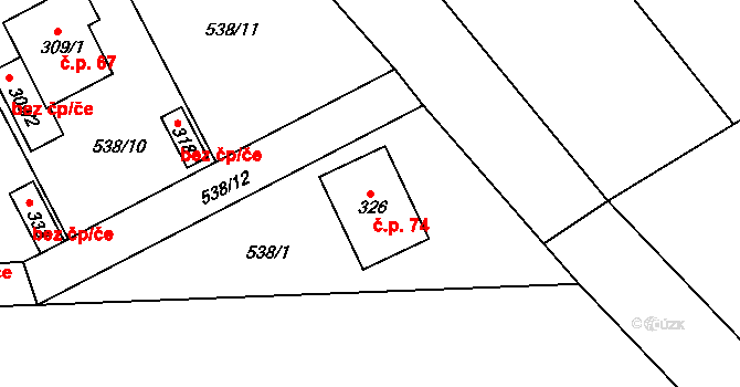 Tihava 74, Kotopeky na parcele st. 326 v KÚ Kotopeky, Katastrální mapa