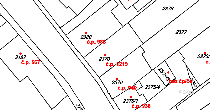 Chomutov 1219 na parcele st. 2379 v KÚ Chomutov I, Katastrální mapa