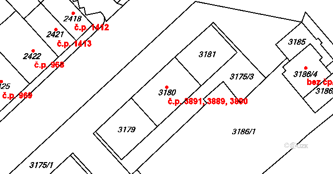 Chomutov 3889,3890,3891 na parcele st. 3179 v KÚ Chomutov I, Katastrální mapa