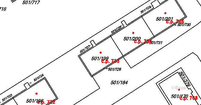 Ráj 733, Karviná na parcele st. 501/199 v KÚ Ráj, Katastrální mapa