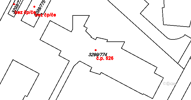 Kunovice 526 na parcele st. 3299/774 v KÚ Kunovice u Uherského Hradiště, Katastrální mapa