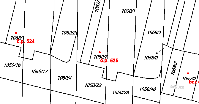 Křimice 525, Plzeň na parcele st. 1060/1 v KÚ Křimice, Katastrální mapa