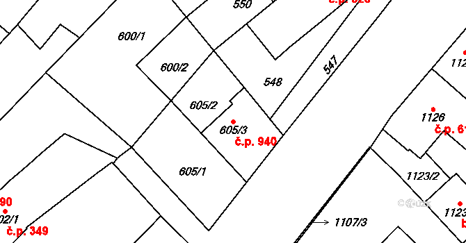 Podivín 940 na parcele st. 605/3 v KÚ Podivín, Katastrální mapa