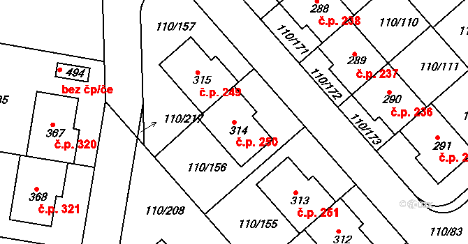 Mratín 250 na parcele st. 314 v KÚ Mratín, Katastrální mapa