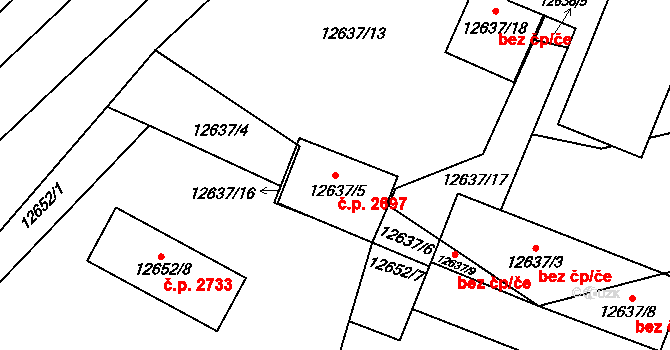 Východní Předměstí 2697, Plzeň na parcele st. 12637/5 v KÚ Plzeň 4, Katastrální mapa