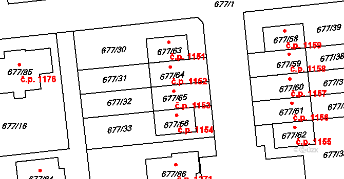 Černice 1153, Plzeň na parcele st. 677/65 v KÚ Bručná, Katastrální mapa