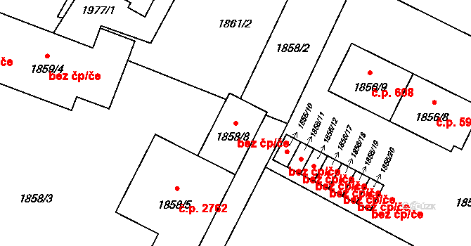 Opava 38112230 na parcele st. 1858/8 v KÚ Opava-Předměstí, Katastrální mapa