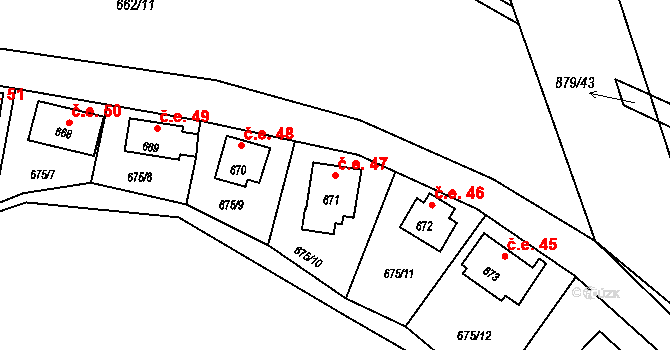 Děhylov 47 na parcele st. 671 v KÚ Děhylov, Katastrální mapa