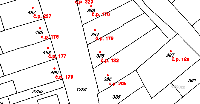 Chylice 182, Ostrožská Nová Ves na parcele st. 385 v KÚ Chylice, Katastrální mapa