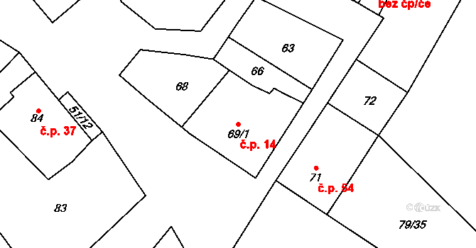 Lišnice 14 na parcele st. 69/1 v KÚ Lišnice, Katastrální mapa