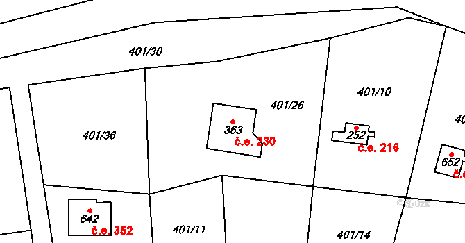 Čisovice 230 na parcele st. 363 v KÚ Čisovice, Katastrální mapa
