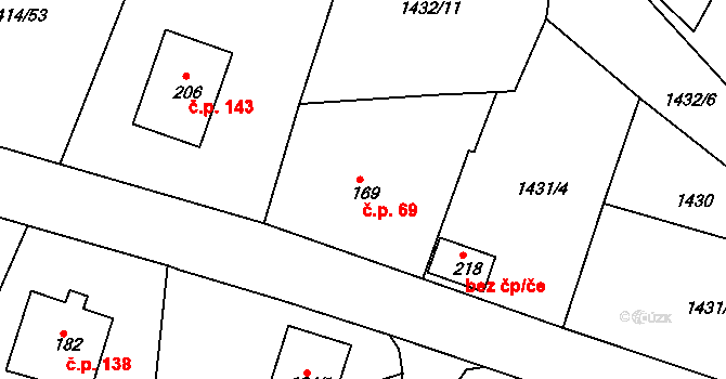 Příkosice 69 na parcele st. 169 v KÚ Příkosice, Katastrální mapa