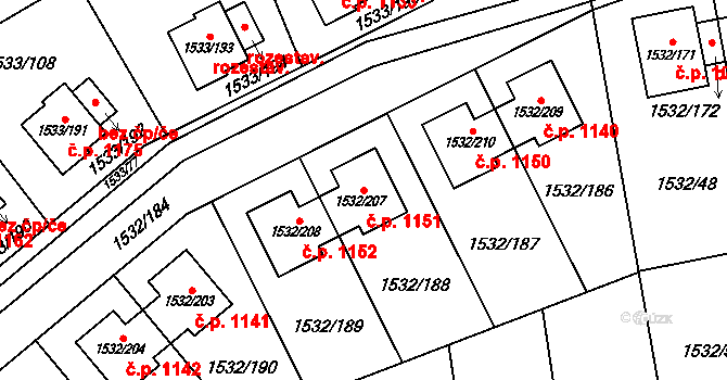 Řeporyje 1151, Praha na parcele st. 1532/207 v KÚ Řeporyje, Katastrální mapa