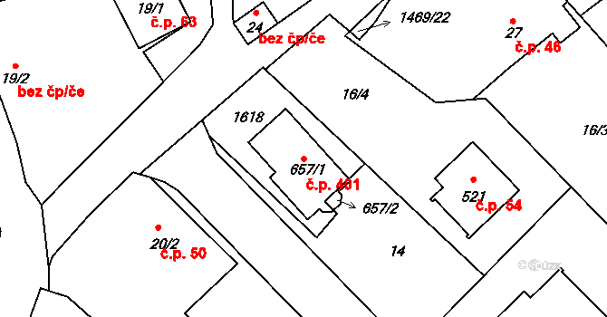 Velký Beranov 401 na parcele st. 657/1 v KÚ Velký Beranov, Katastrální mapa