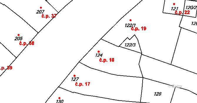Bílany 18, Kroměříž na parcele st. 124 v KÚ Bílany, Katastrální mapa