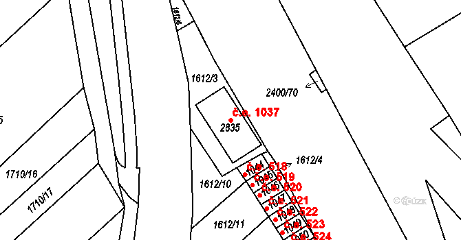Tišnov 1037 na parcele st. 2835 v KÚ Tišnov, Katastrální mapa