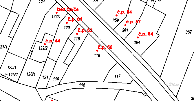 Rychlov 60, Bystřice pod Hostýnem na parcele st. 116 v KÚ Rychlov u Bystřice pod Hostýnem, Katastrální mapa