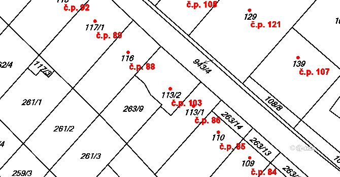 Hlinsko pod Hostýnem 103, Bystřice pod Hostýnem na parcele st. 113/2 v KÚ Hlinsko pod Hostýnem, Katastrální mapa