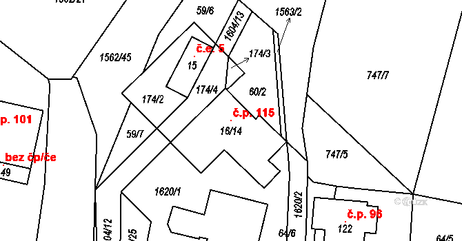 Hrejkovice 115 na parcele st. 16/14 v KÚ Hrejkovice, Katastrální mapa