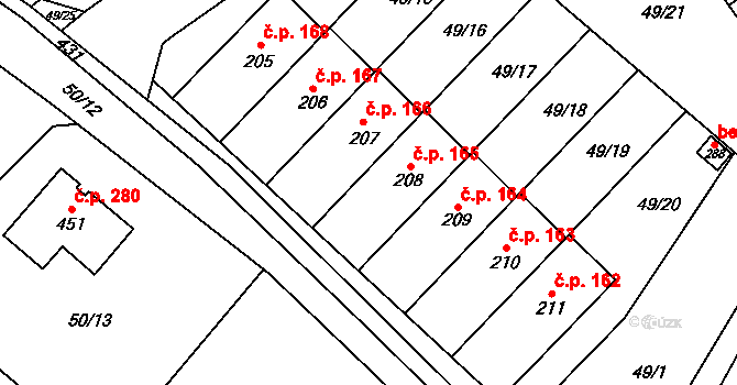 Přerov XI-Vinary 165, Přerov na parcele st. 208 v KÚ Vinary u Přerova, Katastrální mapa