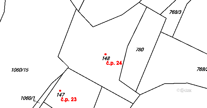 Milotice 24, Čestín na parcele st. 148 v KÚ Čestín, Katastrální mapa