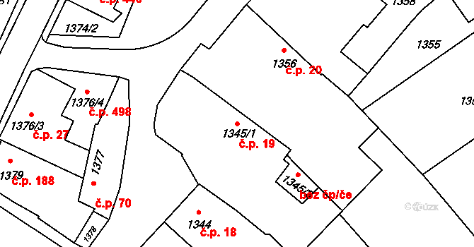 Sázava 19 na parcele st. 1345/1 v KÚ Sázava, Katastrální mapa