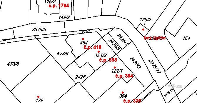 Tišnov 395 na parcele st. 121/2 v KÚ Tišnov, Katastrální mapa