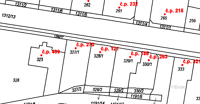 Tuchlovice 121 na parcele st. 328/1 v KÚ Tuchlovice, Katastrální mapa