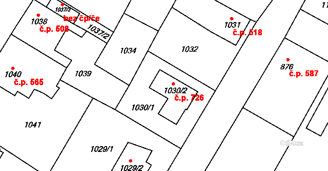 Kosmonosy 726 na parcele st. 1030/2 v KÚ Kosmonosy, Katastrální mapa