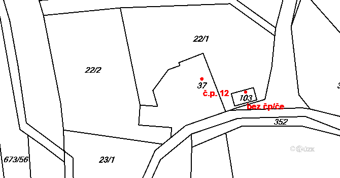 Bradlecká Lhota 12 na parcele st. 37 v KÚ Bradlecká Lhota, Katastrální mapa