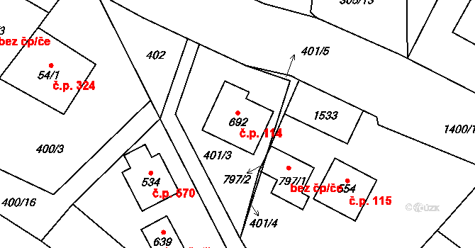 Hutisko 114, Hutisko-Solanec na parcele st. 692 v KÚ Hutisko, Katastrální mapa