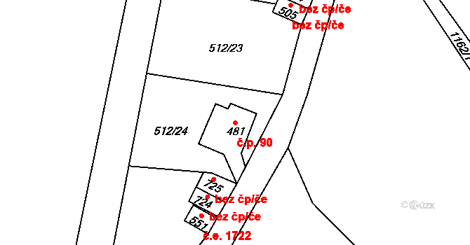Děčín XI-Horní Žleb 90, Děčín na parcele st. 481 v KÚ Prostřední Žleb, Katastrální mapa
