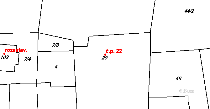 Přední Lhota 22, Poděbrady na parcele st. 29 v KÚ Přední Lhota u Poděbrad, Katastrální mapa
