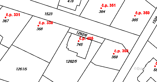 Stařeč 405 na parcele st. 745 v KÚ Stařeč, Katastrální mapa