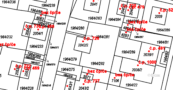 Borovina 726, Třebíč na parcele st. 2042/2 v KÚ Třebíč, Katastrální mapa