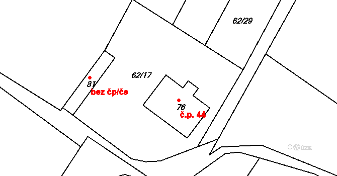 Březinky 44 na parcele st. 76 v KÚ Březinky, Katastrální mapa