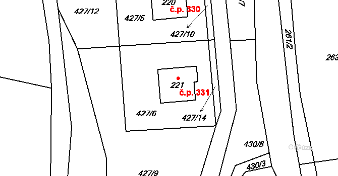 Sebranice 331 na parcele st. 221 v KÚ Sebranice u Litomyšle, Katastrální mapa