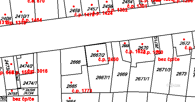 Líšeň 2460, Brno na parcele st. 2667/2 v KÚ Líšeň, Katastrální mapa