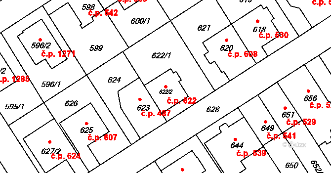 Komín 622, Brno na parcele st. 622/2 v KÚ Komín, Katastrální mapa