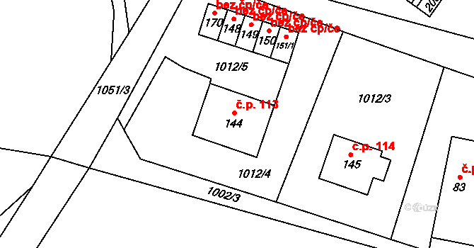 Horní Radouň 113 na parcele st. 144 v KÚ Horní Radouň, Katastrální mapa